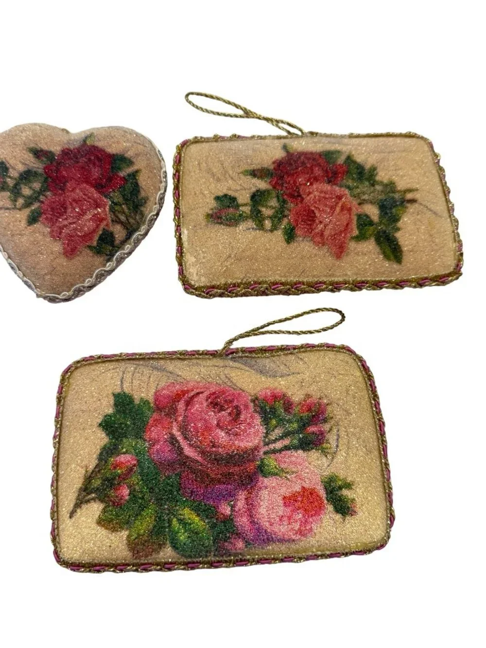 Vintage Papier Mache Rose Christmas Ornaments Set of 6 Victorian Postcard Hearts